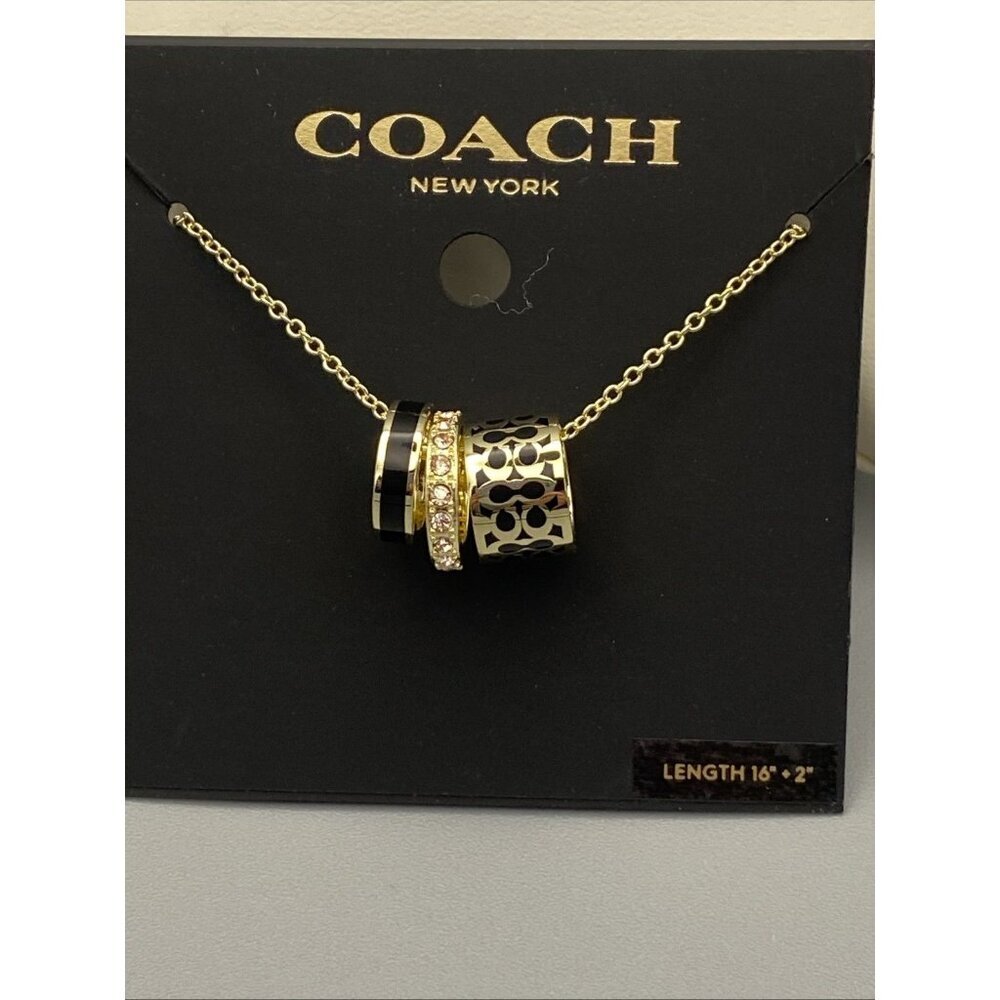 NWT Coach Signature C Enamel Necklace Gold Black C9446 J3